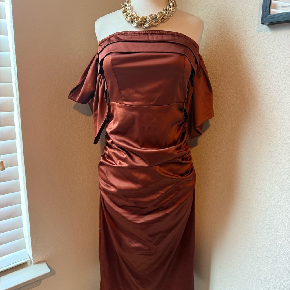 SHEIN Red Off-Shoulder Flutter Sleeve Midi Dress